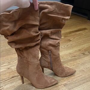 Journee Collection “Sarie” Tan Heeled Boots with Slouchy Shaft
